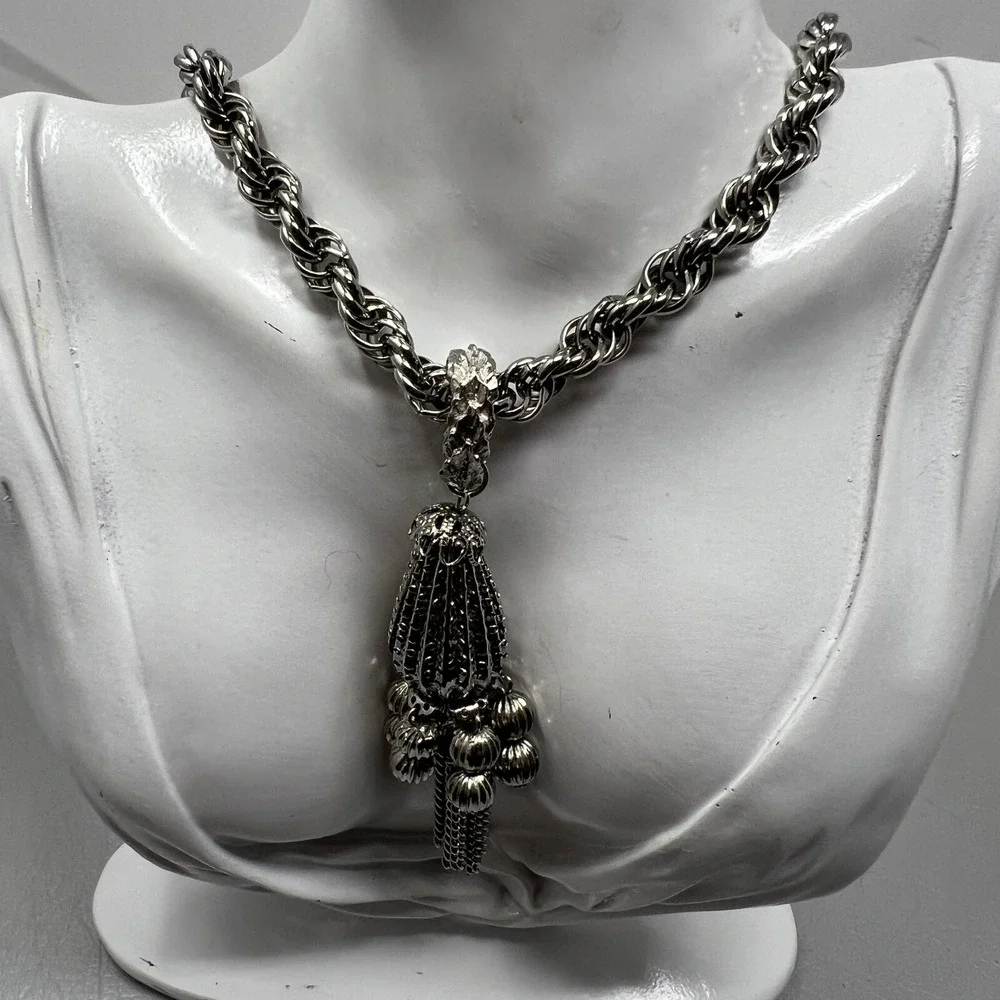 Boho Necklace Silver Tone Rope Chain with Dangle Tassel‎ Pendant